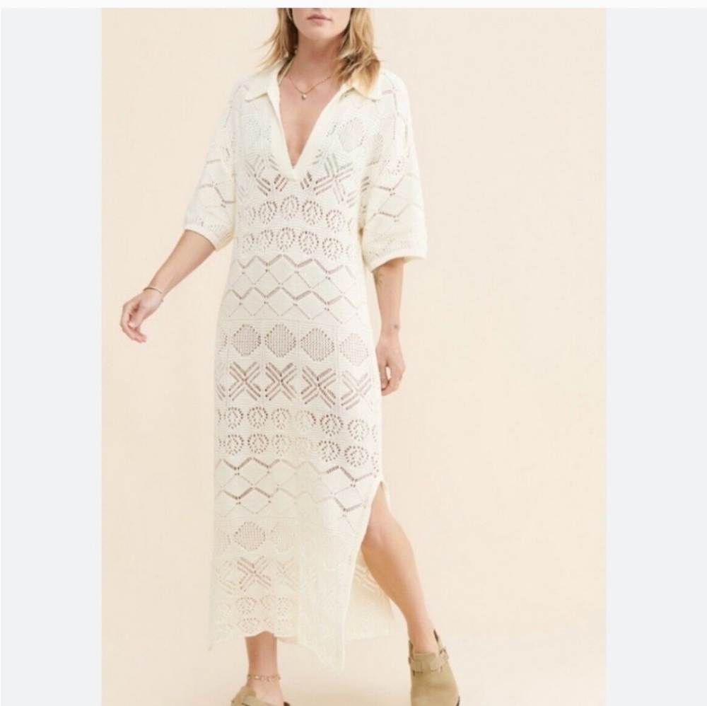 FP Beach By Free People Crochet Bohemian V-Neck White Maxi Dress